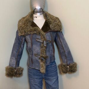 Miss Sixty Blue Bomber Jacket with Brown Fur Trim